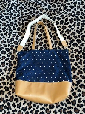 a new day Navy Polka Dot Tote with Tan Base and White Strap